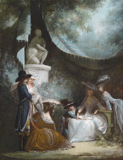 مشهد في الهواء الطلق لرجل وصبي ونساء يرتدون ملابس كاليفورنيا. 1780 أنماط الملابس بواسطة فيليبيرت لويس ديبوكورت